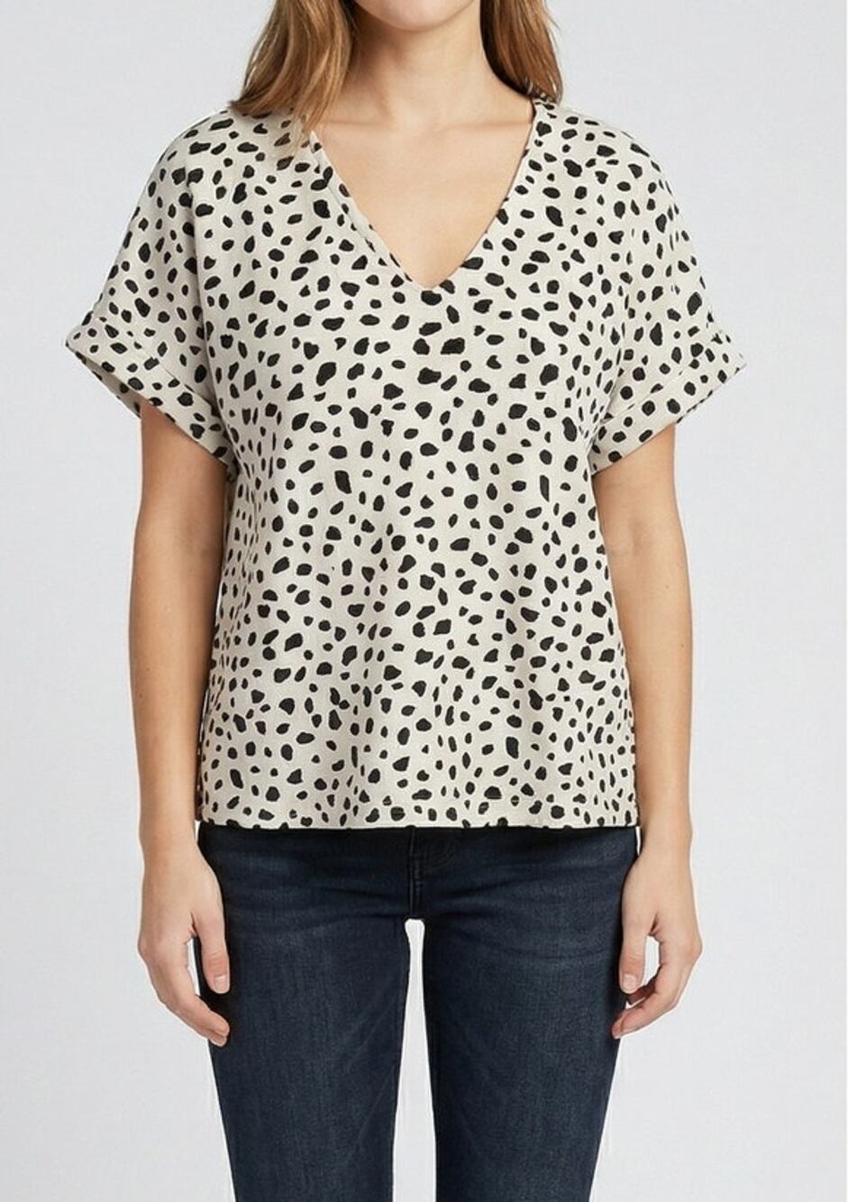 Melloday Small V Neck Short Sleeve Shirt White Black Animal Print Back Zipper